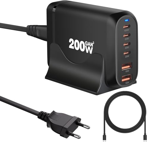 QUTIASE 200W Flera USB C-laddare, 6 Portar (4C+2A) GaN Snabbladdare, Stationär USB C-laddningsstation, PD+QC, kompatibel med iPhone iPad MacBook Bärbar Dator, Svart med Kabel 100W 1,5m
