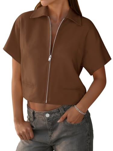 Tankaneo Womens Short Sleeve Zip Up Collared Cropped Jackets Brown