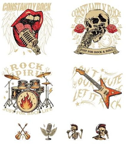 SUPERDANT 8 pegatinas de transferencia de calor de esqueleto Rock and Roll, kit de batería, guitarra, micrófono, transferencias para planchar, calcomanías lavables para ropa, camisetas, apliques de