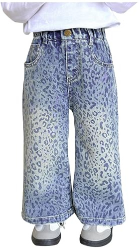 Jeans Bambina 1-8 Anni Larghi Gamba Dritta Pantaloni Jeans Denim Ragazza Elasticizzati Vita Alta Leopardo Casual Pantaloni da Lavoro Cargo Ampio Primaverile Hip Hop Streetwear (Blu, 5-6 anni)