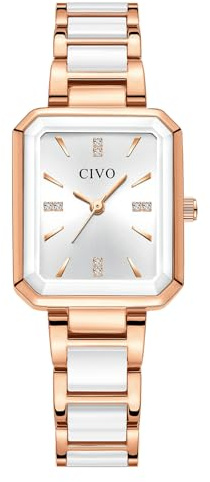 CIVO Armbanduhr Damen Analog Wasserdicht: Elegante Edelstahl Rechteckig Quartz Business Damenuhr - Stilvoll Uhr für Alltagstauglich Arbeit, Roségold Weiß