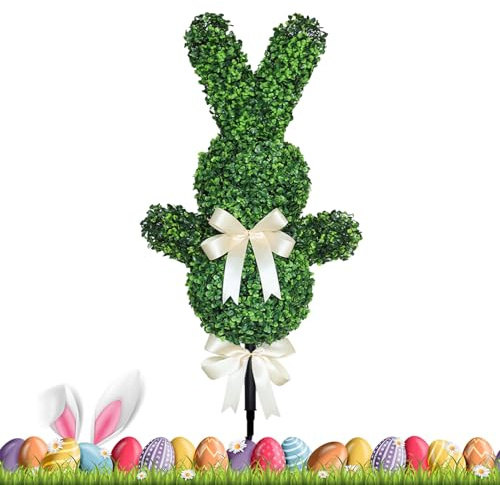 Topiario de conejo de Pascua | Árbol de boj de Pascua de 35.4 pulgadas – Topiario de boj de conejo con estaca de tierra, para porche al aire libre, jardín, patio, césped, patio, hogar, lugar de