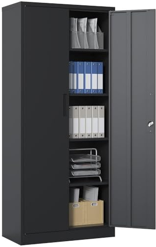 Aktenschrank, Metallschrank, Stahl-Aufbewahrungsschrank, Mehrzweckschrank, 4 Verstellbare Regale, 2 Abschließbare Türen, Schränke für Büro, Wohnzimmer, Garage, 40T x 80B x 180H cm, Schwarz