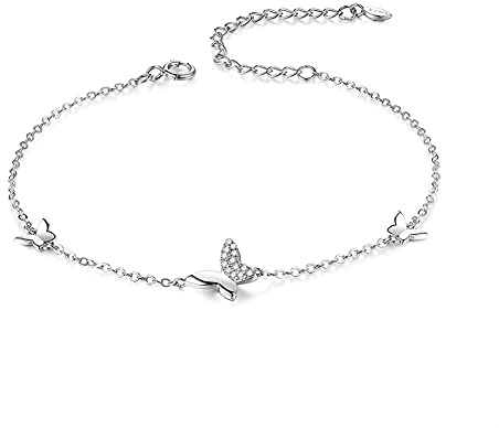 Belons Bracelet pour femme en argent sterling 925 avec zircone et papillon - Bracelet de cheville pour fille - Argenté/doré (argent)