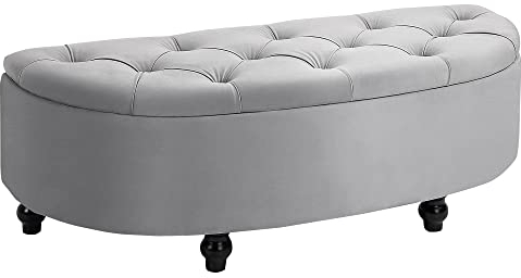 HOMCOM Semi-Circle Ottoman Storage Bench, Bed End Bench, Tufted Upholstered Window Seat Footrest Stool with Rubberwood Legs for Bedroom & Entryway, 120 x 46 x 42 cm, Light Grey