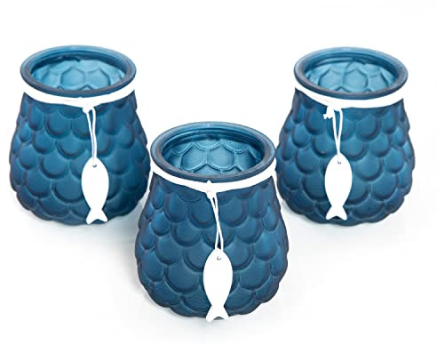 Logbuch-Verlag Juego de 3 portavelas marítimo con pescado, comunión, color azul y blanco, decoración de mesa, portavelas, todas las fiestas, 11 cm