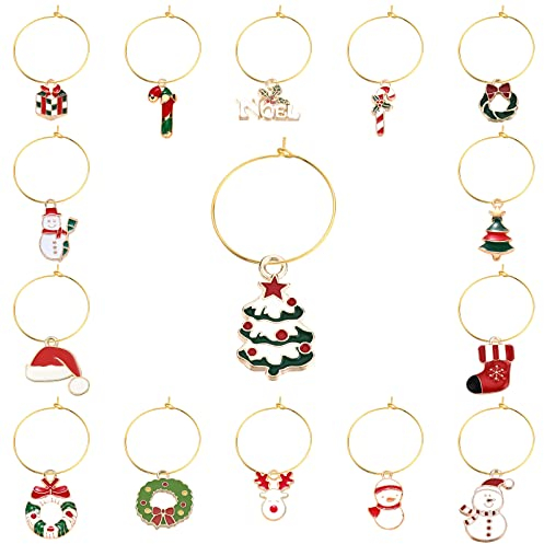 SUNNYCLUE 1 Scatola 30 Set 15 Stili Natale Pennarelli per Bicchieri di Vino Smalto in Lega Pennarelli per Bevande per Feste Tag Charms Anelli in Vetro di Vino per Natale Decorazione della Tavola