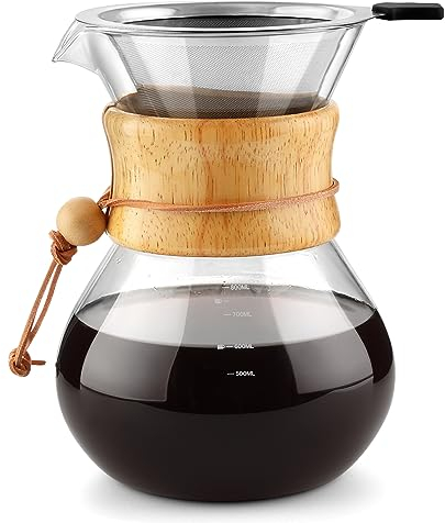 COPOTEA Pour Over Kaffeebereiter mit doppelschichtigem Edelstahlfilter, 800 ml Kaffee-Tropfer Brauer, Borosilikatglas, Kaffeekaraffe, Holzkragen