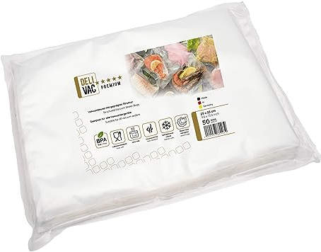 DeliVac Vakuumierbeutel 25x35 – 50 Stück, geprägte Vakuumbeutel für alle Vakuumierer, BPA-frei, lebensmittelecht, ideal für Sous-Vide, Gefrierschrank & Lebensmittelaufbewahrung