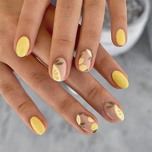 24pcs Short Oval False Nails Yellow Stick On Nails Lemon Print Press on Nail Removable Acrylic Full Cover Glue on Fake Nail Art Accessories for Women