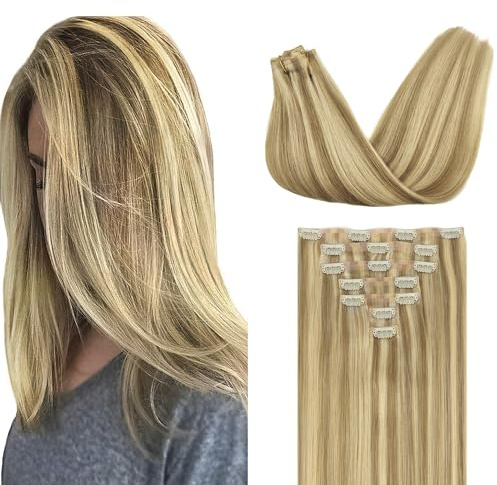 GOO GOO Seamless Clip in Human Hair Extensions, 16inch 110g 7pcs, Hair Extensions Clip in, 16/22A Light Highlight Golden Blonde