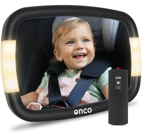 Onco Specchietto Retrovisore Bambini LED - 2 Modalità di Luce Ambientale, 100% Infrangibile, Regolabile a 360° e Universale, Specchietto Retrovisore Auto, Specchio Auto Neonato Sedile Posteriore