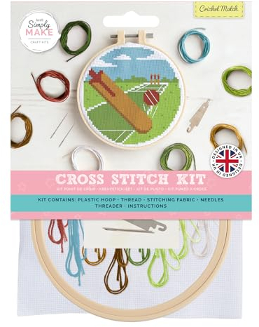Simply MAKE Kit per punto croce, motivo cricket, per bambini e adulti, cerchio, filo da ricamo, artigianato per adulti, kit per principianti