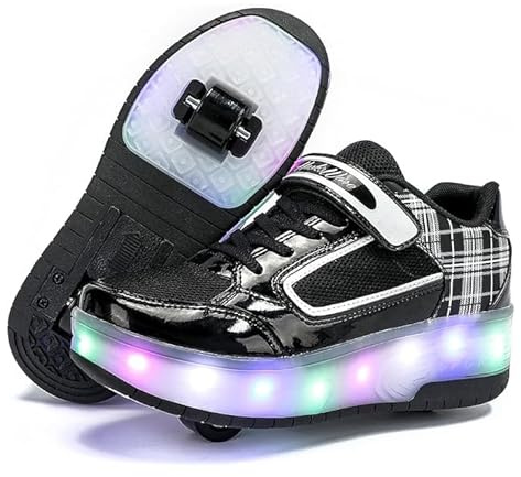 HUSKSWARE Jungen Mädchen Automatisch 2 Räder Skateboardschuhe, Rollschuhe für Kinder Schuhe Mit Doppelt Rollen, Outdoor Fitnessschuhe Sneakers, Schwarz-Weiß, 35 EU