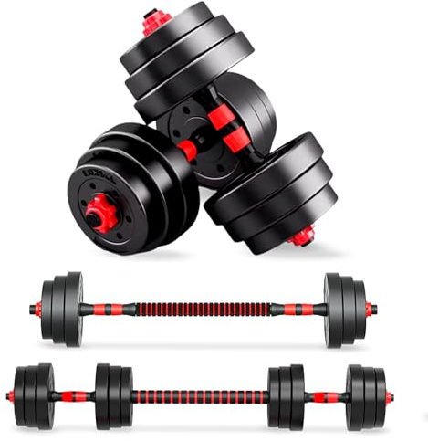 JUPPLIES Juego de Mancuernas Ajustables 2 en 1-10kg 20kg 35kg - Kit de Pesas con Barra Recta Ajustable y Antideslizante - Pesas y Mancuernas Discos Recubiertos y Agarre Antideslizante - 20 kg