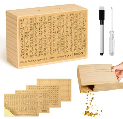 Bemaystar Spardose Holz, Großformatige Spardose Erwachsene für Kinder - Sparbox mit Zähler & Sparzielen für Münzen & Scheine - Ohne Montage Nötig (4 Sparziele von €1000 bis €10000)