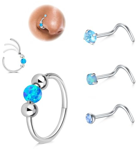 LAURITAMI 4 Pezzi Piercing Naso 18G 20G Set, Hinged Clicker Segment Piercing Naso Cerchio Argento 10mm, Acciaio Chirurgico Spirale Blu Opale CZ Anelli Naso Stud 7mm