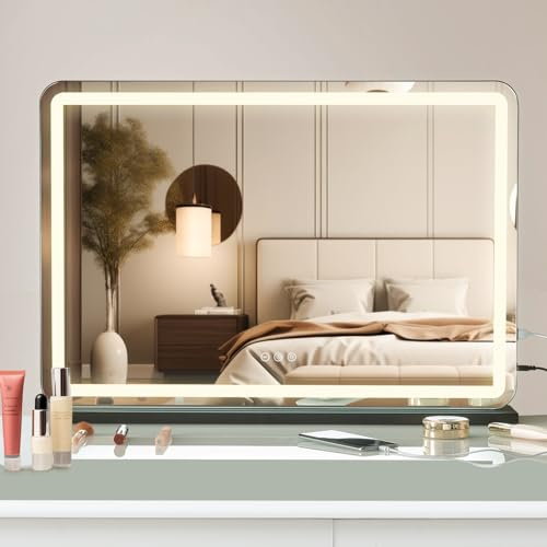 Puselo Sminkspegel med belysning, Hollywood-spegel med dimbart ljus, pekkontroll, bordsspegel med USB och 10 x förstoring för sovrum, sminkbord, 80 x 55 cm, svart