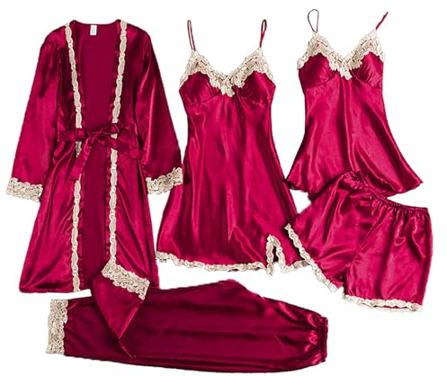 Damen Morgenmantel mit Nachthemd Satin 5-Teiliges Silk Pyjama Set mit Spitze Kimono Robe Cami and Shorts Sexy Negligee Nachthemd Set Hausanzug Seide Lounge Sets (Red, XXXL)