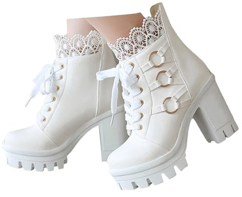Xbemkste Botas con cordones para mujer, con plataforma de tacón alto, botines elegantes, botines tirolés, botas de saltar, botas cortas, botas de tobillo, antideslizantes, botas de invierno, Blanco