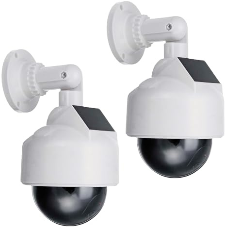 GOMETY 2 cámaras falsas de vigilancia con LED parpadeantes rojos, cámara de vigilancia falsa para interior y exterior (blanco)