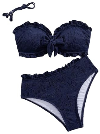 SHENHE Women's High Waisted Strapless Bikini Two Piece Textured Ruffle Bandeau Swimsuits Dark Blue Small