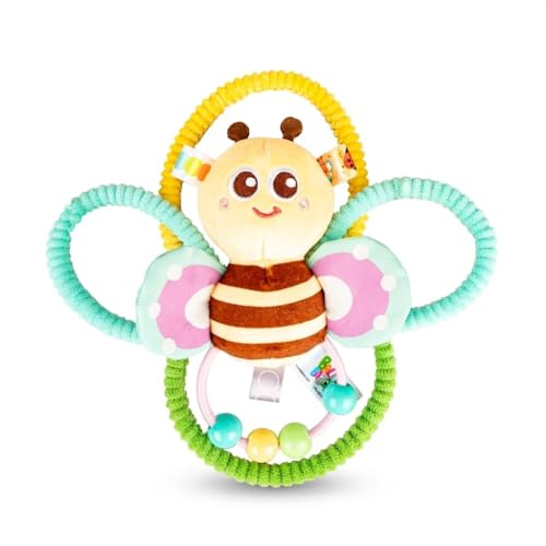 BALIBAZOO Montessori Sensory Toy for 0 Months + Four Elastic Loops and Rattle, Baby Toy Promoting Motor Skills, Hearing and Sense