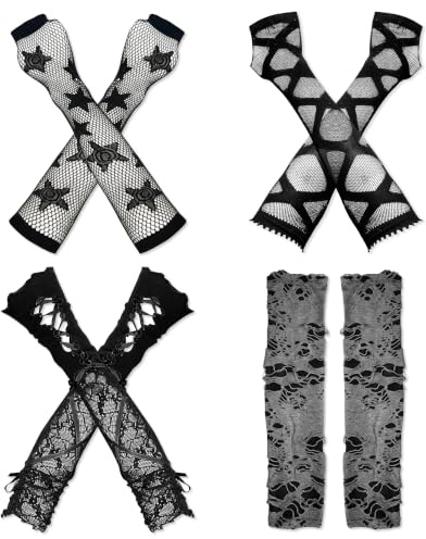 YiiHHooN 4 Paires de Gants Longs sans Doigts, Gants sans Doigts en Dentelle Style Gothique Grunge Noir et Gris, Manchettes Y2K Femme Déchirées pour Carnaval Halloween et Fêtes