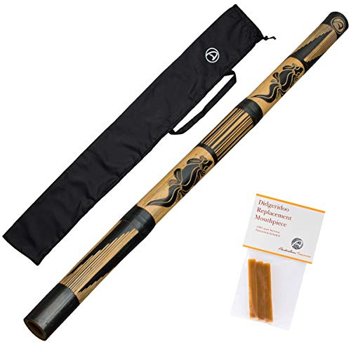 Australian Treasures - DIDGERIDOO CARVED: didgeridoo bambu con cera d'api a 3 strisce e sacchetto didgeridoo in nylon