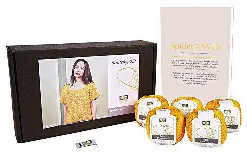 DesignEtte Spider's Web Damen-Strickset, 100% ägyptische Baumwolle, Garn, Schalen und Muster, Anfänger, Starterpaket, Box, 50 g ≈ 127 m/5-lagig, Türkis, XL