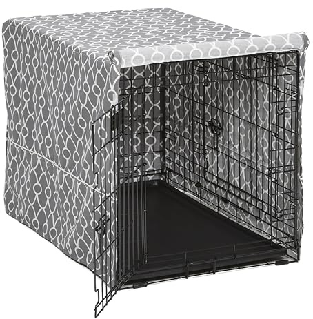 MidWest hem för husdjur hundlåda skydd med teflon tygskydd, poly-bomull integritet kennel skydd passar de flesta 91 cm lådor, grå designertryck, tvättbar, minskar skällande, CVR36T-GY