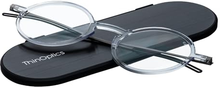 ThinOptics Manhattan Reading Glasses 2.00 Round Clear Frames With Milano Magnetic Case - Thin Lightweight Compact Readers 2.00 Strength