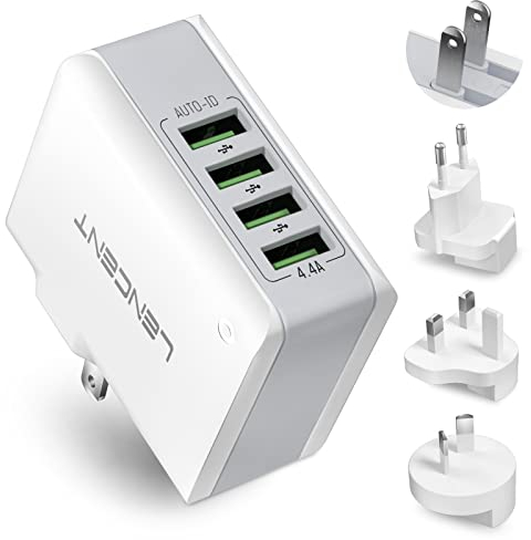 LENCENT Chargeur USB Multiple, 4 Ports USB Secteur Internationale, 5V/4.4A Adaptateur Prise Anglaise/Europe/Americaine/Australie avec Technologie Smart IC pour Téléphones Portables Tablettes PC