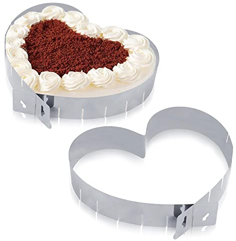 Stampo Torta Cuore Regolabile, 2 Pezzi Teglia Cuore per Torte, Tortiera a Forma di Cuore in Acciaio Inox, Stampo per Torta a Forma di Cuore Dimensioni Variabili, Senza Fondo, Argento