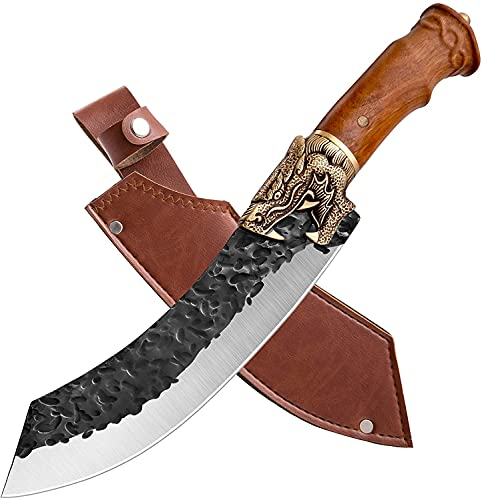 Couteau à Désosser Japonais Couteau Viking Couteau Cuisine Chef Acier Carboné Couteau de Boucher Professionnel Couteau Gyuto Emincer Viande Fruits Légumes avec Gaine pour Barbecue Camping Cadeau