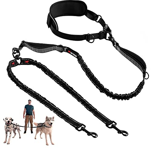 Tuff Pupper Heavy Duty Hands Free Bungee Dog Leash | Two Large Dogs Up to 250 lbs | Comfortable Shock Absorbing Bungee | Reflective Dual Padded Handles | Lumbar Waist Belt 26-38 | 360° Swivel Clips