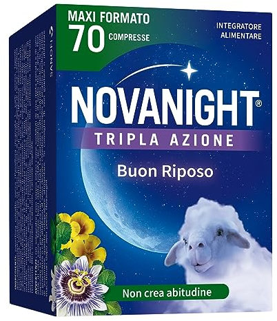 Novanight Tripla Azione Melatonina per Dormire, Integratori per Dormire, Disturbi del Sonno - Senza Glutine, con Melatonina, Escolzia, Passiflora, Melissa. Non Induce Dipendenza (70 Compresse)