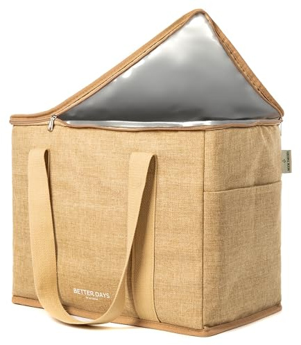 Nook Theory Reusable Insulated Grocery Bag - Leak Proof, X Large Cooler Bag - Insulated Shopping Bags for Groceries - Travel Cooler Bag for Frozen and Hot Food with Zippered Top (Jute)