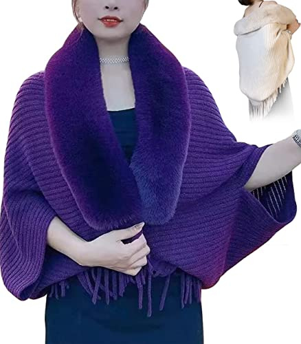 JASUBAI Maglia spessa scialle da donna con pelliccia sintetica, scialli e involucri per abiti da sera, maglione poncho aperto sul davanti, Viola, M