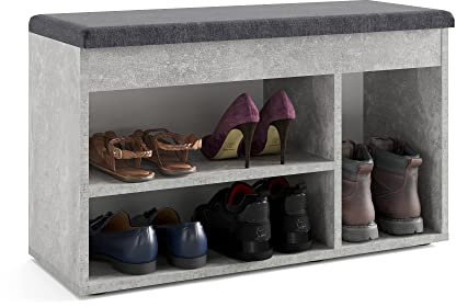 Komto Banc à Chaussures avec Coussin Rembourré – Meuble de Rangement Compact Béton 80 x 48 x 32 cm pour Entrée, Couloir ou Chambre, Banc Coffre à Chaussures