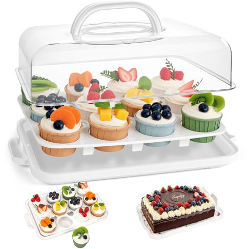 VGOODALL Cake Carrier with Lid and Handle, 12 Capacity Cupcake Carrier, 2-in-1 Rectangular Cupcake Holder for Pies Muffin Pizza Nuts Fruit, Dessert Storage Containers for Parties, Picnics, Baking