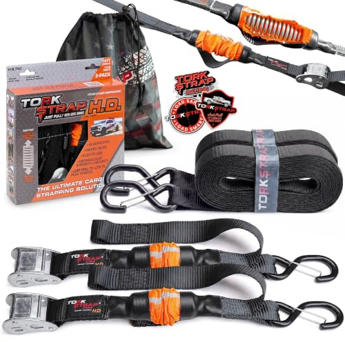 TorkStrap 14' x 1.5'' Self Tensioning Tie Down Straps [Patented] - Automatically Adapt to Load Shifts - 2,250LB Break Strength - Pull Alternative to Ratchet Straps - Integrated Soft Loop & Hook (2-PK)