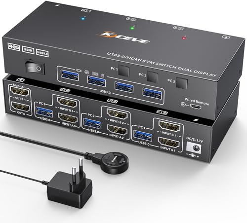 HDMI KVM Switch 3 PC 2 Monitore 4K@60Hz, Camgeet USB 3.0 Dual Monitor KVM Switch Simulation EDID, KVM Umschalter 3 Port für 3 PC Teilen 2 Monitor und 4 USB Geräte, mit DV12V-Netzteil und Wired Remote