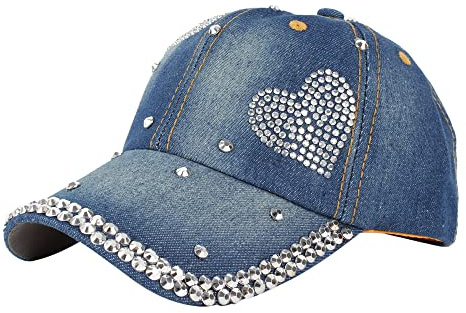 Cappello da baseball Bling da donna con strass scintillanti in denim jean, cappello da baseball alla moda snapback hip hop, cappello da sole, Blu, Taglia unica