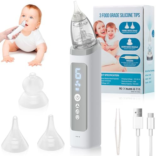 Elektrischer Nasensauger für Neugeborene, 3 Saugstufen, Nasensauger für Kinder, mit 3 wiederverwendbaren Spitzen aus Silikon, Musik und Licht für kleine Babys ab 0 m, Weiß-1