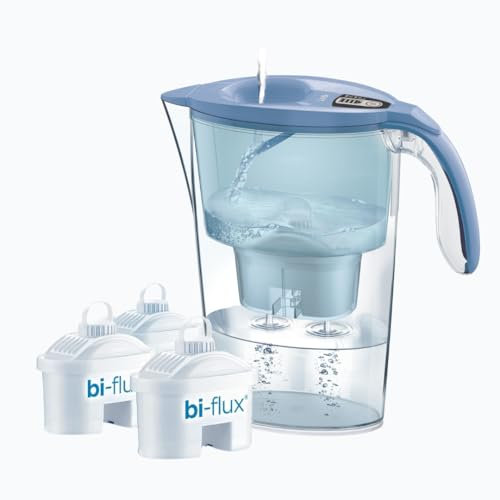 LAICA Stream Line Water Filter Jug & 3 bi-flux Water Filter Cartridges Blue 2.3L - Digital Timer, Easy Fill Design, BPA Free, Dishwasher Safe - Preserves Minerals, Removes Impurities - Made in Italy