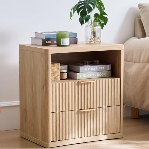 LELELINKY Fluted Bedside Table, Wooden Bedside Cabinet with 2 Drawers & Open Storage, Farmhouse Side Table, Nightstand for Bedroom and Living Room, 58cm/23, Natural