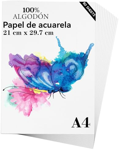 Papel de acuarela A4 (21cm x 29,7cm), 80 hojas, papel pesado de algodón natural de 300 g/m² para estudiantes, artistas, dibujo en acuarela