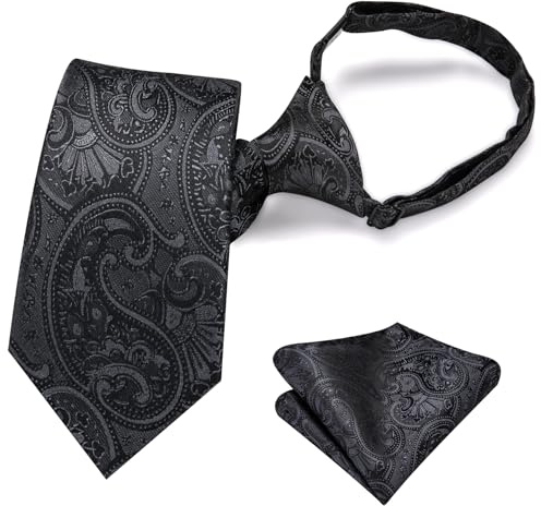 Hi-Tie Ensemble de cravates pré-nouées en soie pour garçon de 8 à 11 ans - Cravate et carré de poche pour mariage - Bleu, rouge, vert, Noir , M