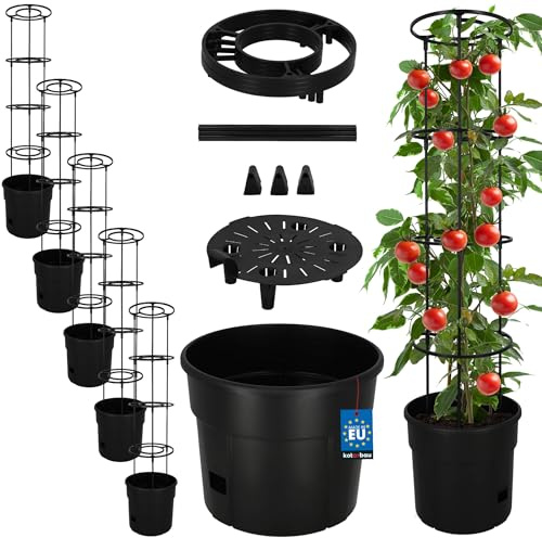KOTARBAU® Tomatkruka med växtstöd och vattenbehållare ⌀ 30 cm, tomattorn | Uppsättning av 5 växtkruka + växtstöd för tomater och gurkor, 115 cm hög, ranktur, odlingskruka, svart